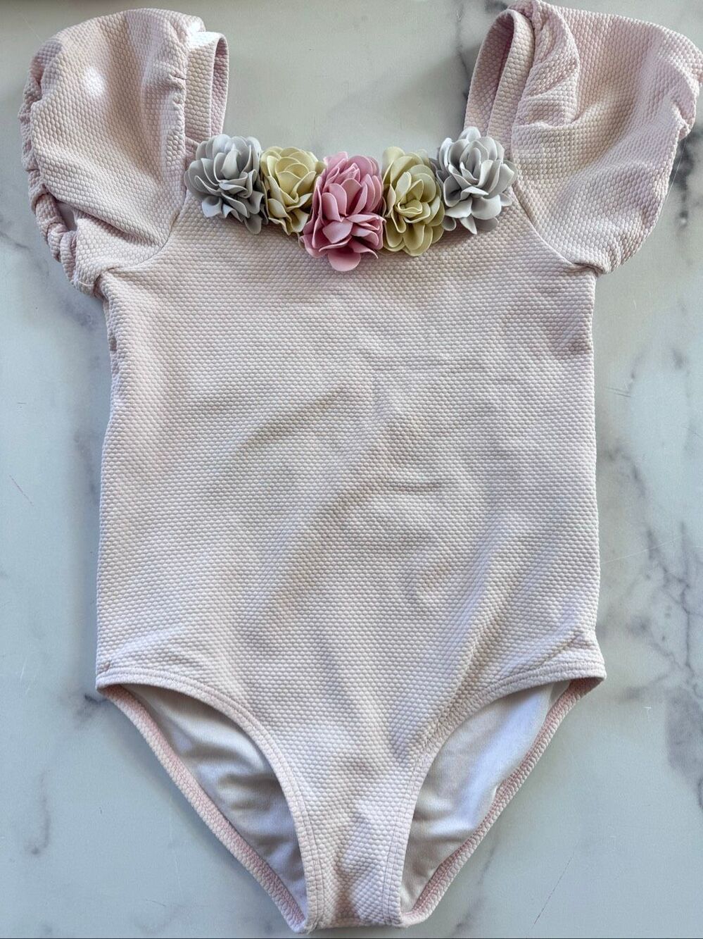 Janie & Jack girls size 6 puff sleeve baby pink floral rosette one piece swimsui
